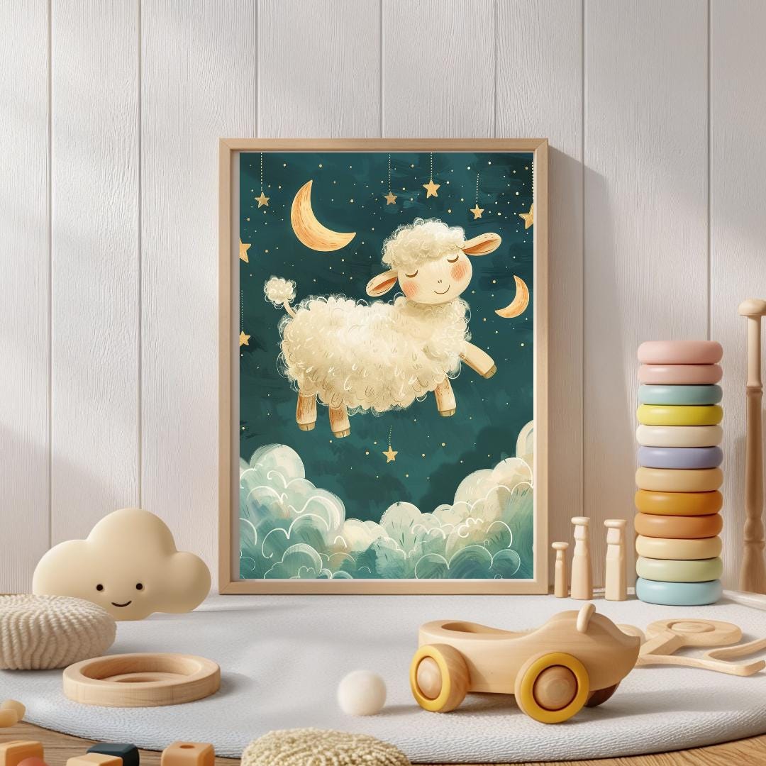Sheep jumping over clouds print | Whimsical Illustration | Cute Kids Music Print | Playful Baby Room Poster | Animal Nursery Decor |