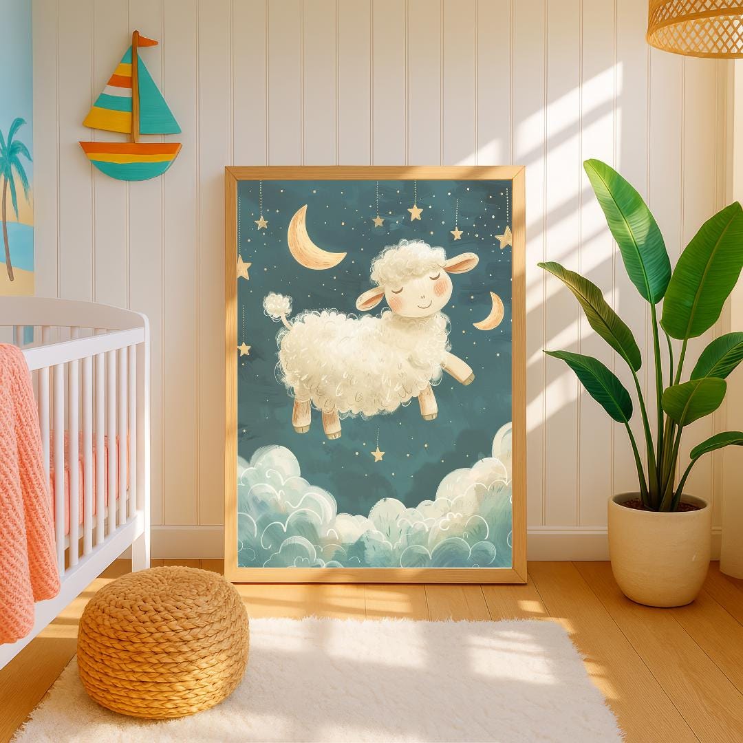 Sheep jumping over clouds print | Whimsical Illustration | Cute Kids Music Print | Playful Baby Room Poster | Animal Nursery Decor |