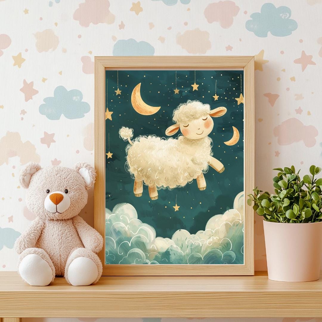 Sheep jumping over clouds print | Whimsical Illustration | Cute Kids Music Print | Playful Baby Room Poster | Animal Nursery Decor |