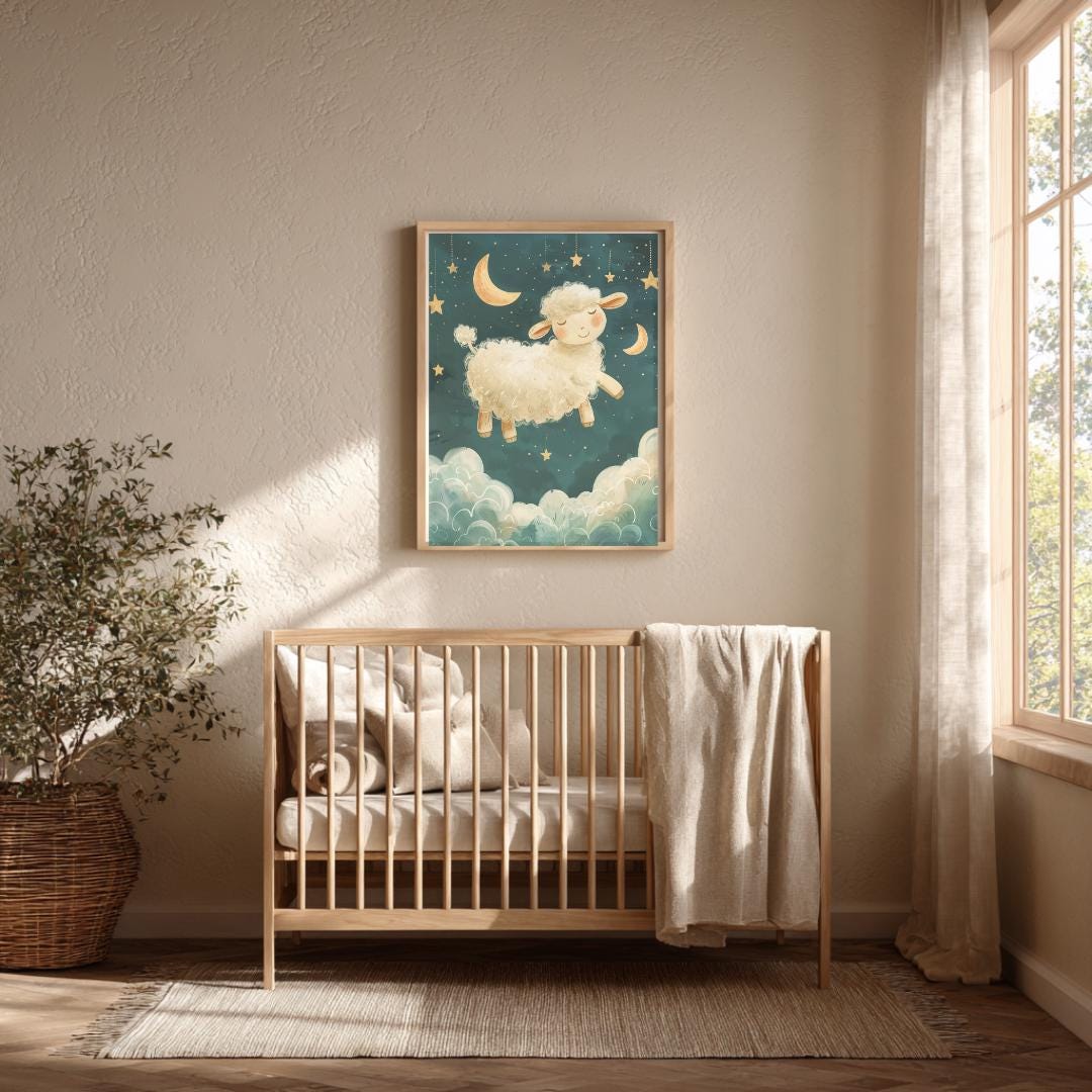 Sheep jumping over clouds print | Whimsical Illustration | Cute Kids Music Print | Playful Baby Room Poster | Animal Nursery Decor |