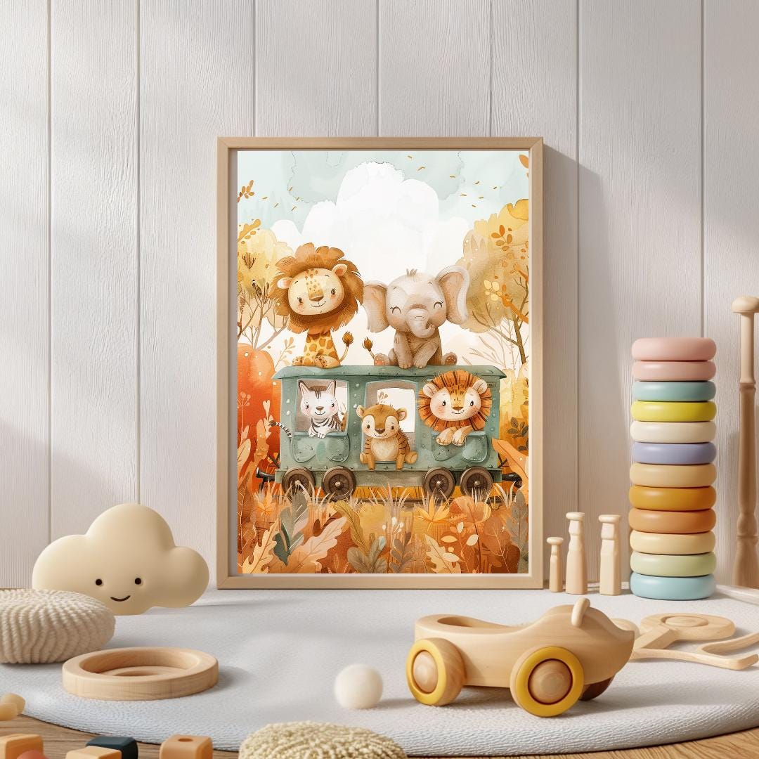 Safari animals riding a train print | Whimsical Illustration | Cute Kids Music Print | Playful Baby Room Poster | Animal Nursery Decor |
