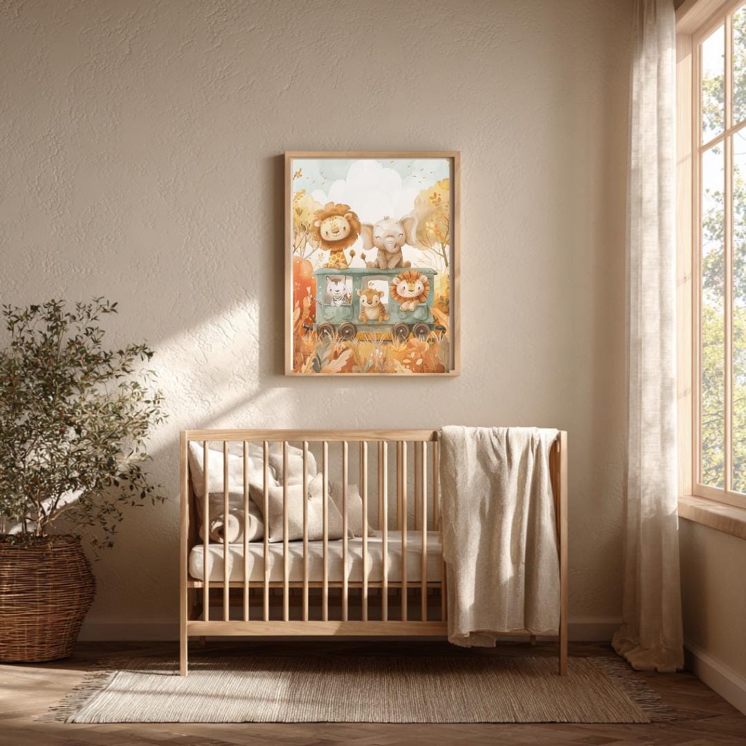 Safari animals riding a train print | Whimsical Illustration | Cute Kids Music Print | Playful Baby Room Poster | Animal Nursery Decor |