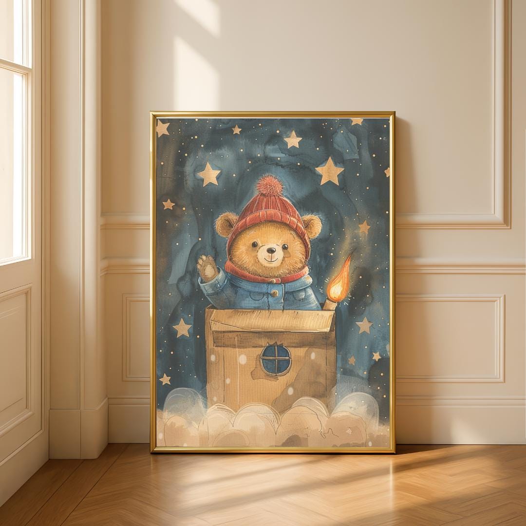 Teddy in a cardboard box “rocket” print | Whimsical Illustration | Cute Kids Music Print | Playful Baby Room Poster | Animal Nursery Decor |