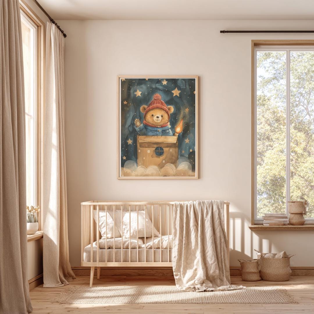 Teddy in a cardboard box “rocket” print | Whimsical Illustration | Cute Kids Music Print | Playful Baby Room Poster | Animal Nursery Decor |