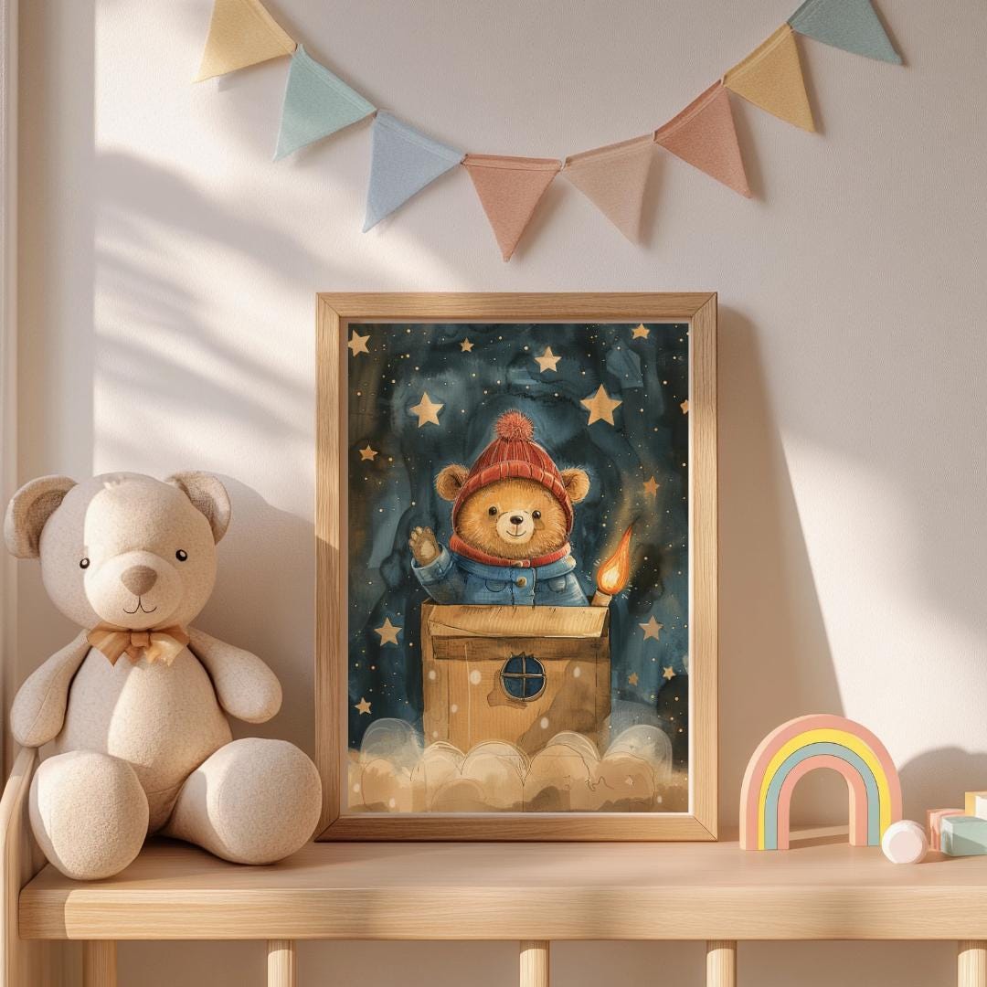 Teddy in a cardboard box “rocket” print | Whimsical Illustration | Cute Kids Music Print | Playful Baby Room Poster | Animal Nursery Decor |