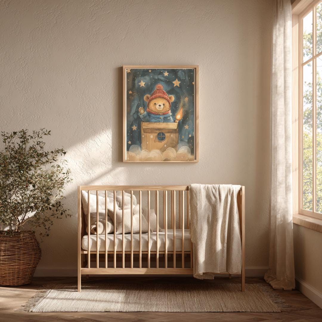 Teddy in a cardboard box “rocket” print | Whimsical Illustration | Cute Kids Music Print | Playful Baby Room Poster | Animal Nursery Decor |