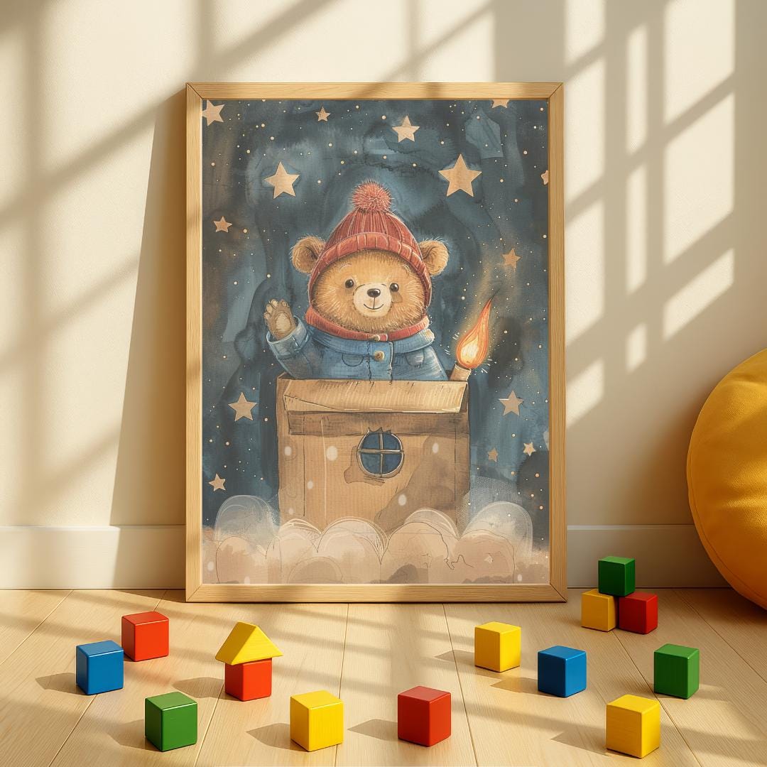 Teddy in a cardboard box “rocket” print | Whimsical Illustration | Cute Kids Music Print | Playful Baby Room Poster | Animal Nursery Decor |