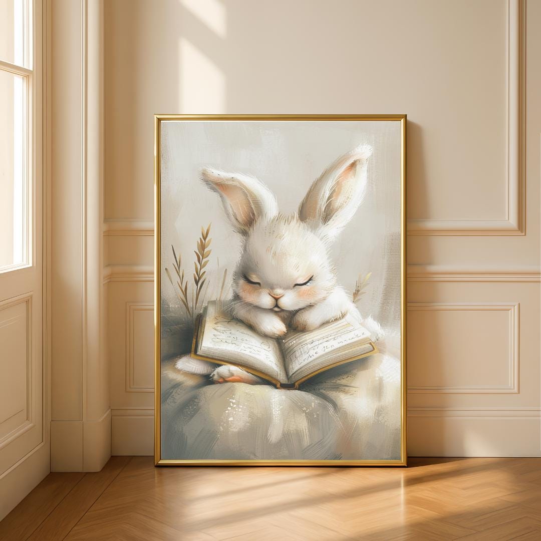 Rabbit falling asleep beside a bedtime book Wall art | Whimsical Illustration | Playful Baby Room Poster | Nursery Decor |