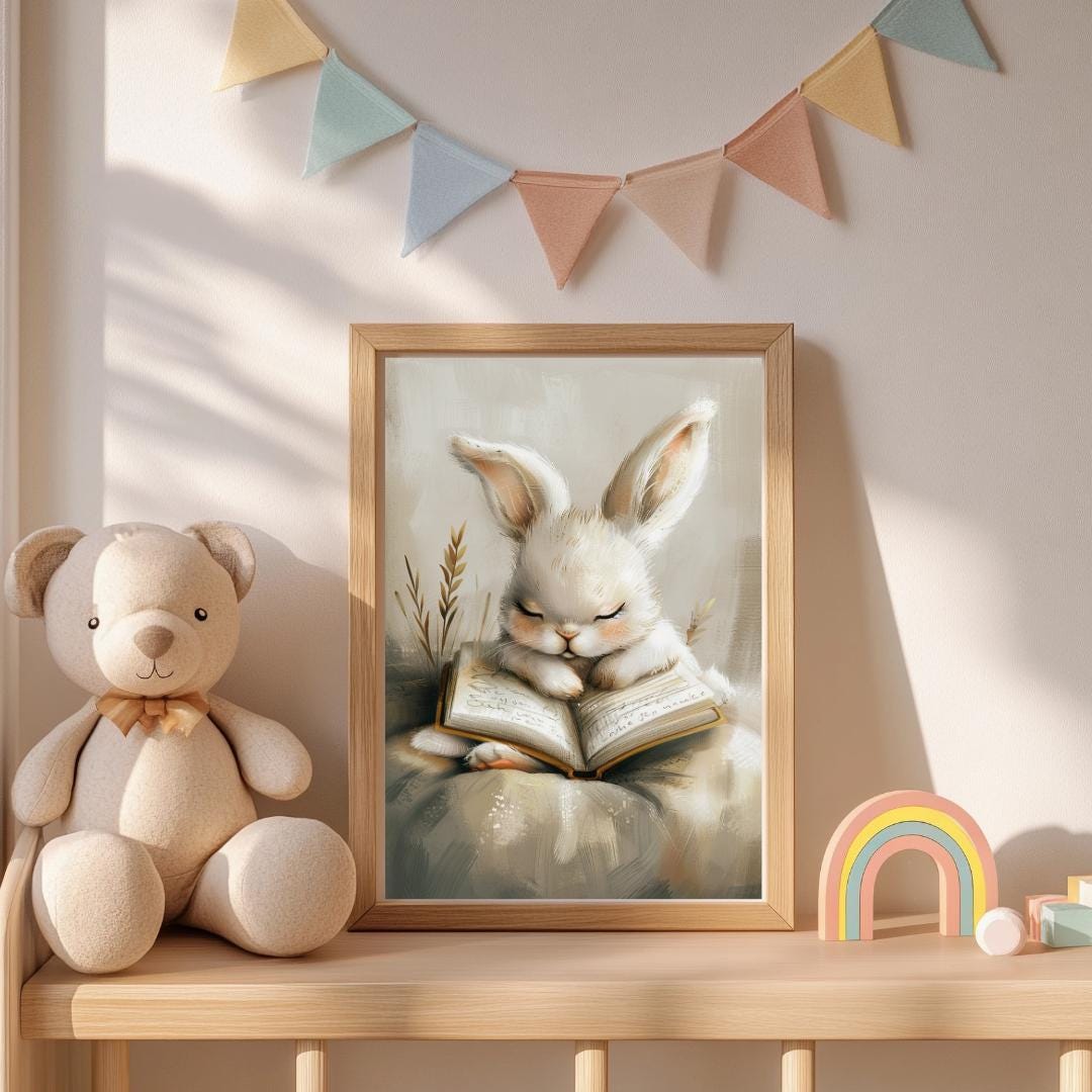Rabbit falling asleep beside a bedtime book Wall art | Whimsical Illustration | Playful Baby Room Poster | Nursery Decor |