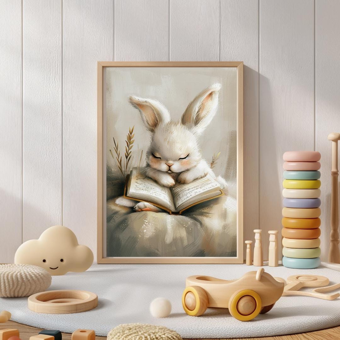 Rabbit falling asleep beside a bedtime book Wall art | Whimsical Illustration | Playful Baby Room Poster | Nursery Decor |