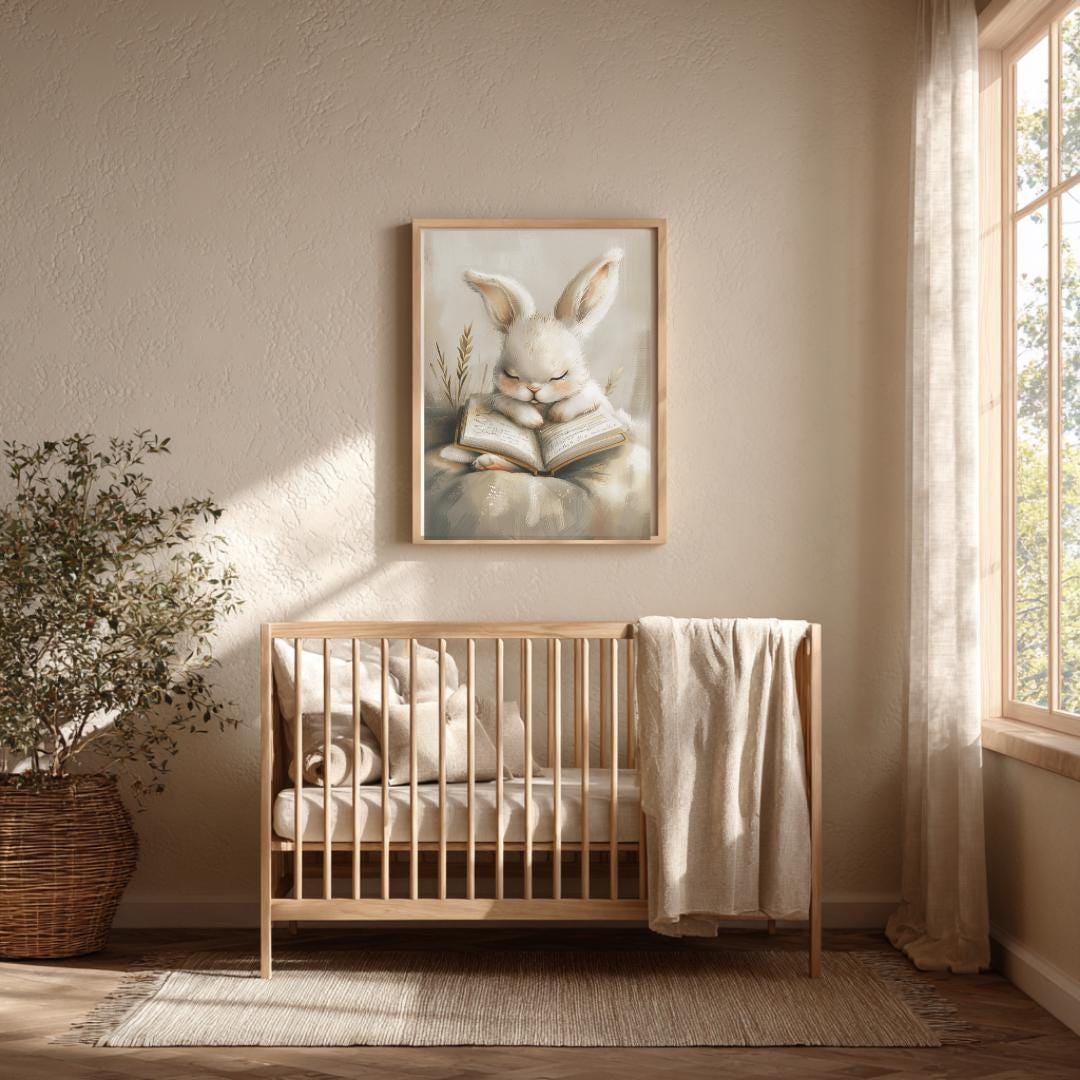 Rabbit falling asleep beside a bedtime book Wall art | Whimsical Illustration | Playful Baby Room Poster | Nursery Decor |