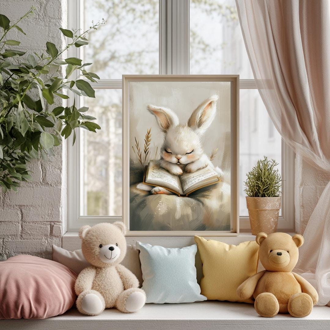 Rabbit falling asleep beside a bedtime book Wall art | Whimsical Illustration | Playful Baby Room Poster | Nursery Decor |