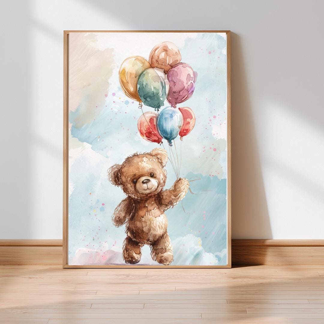 Teddy Bear Rainbow Colourful balloons Wall art | Whimsical Illustration | Playful Baby Room Poster | Nursery Decor |