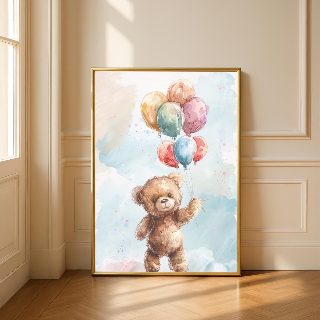 Teddy Bear Rainbow Colourful balloons Wall art | Whimsical Illustration | Playful Baby Room Poster | Nursery Decor |