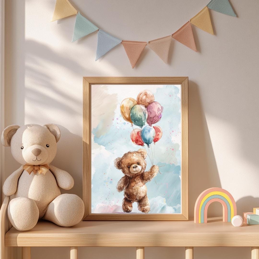 Teddy Bear Rainbow Colourful balloons Wall art | Whimsical Illustration | Playful Baby Room Poster | Nursery Decor |