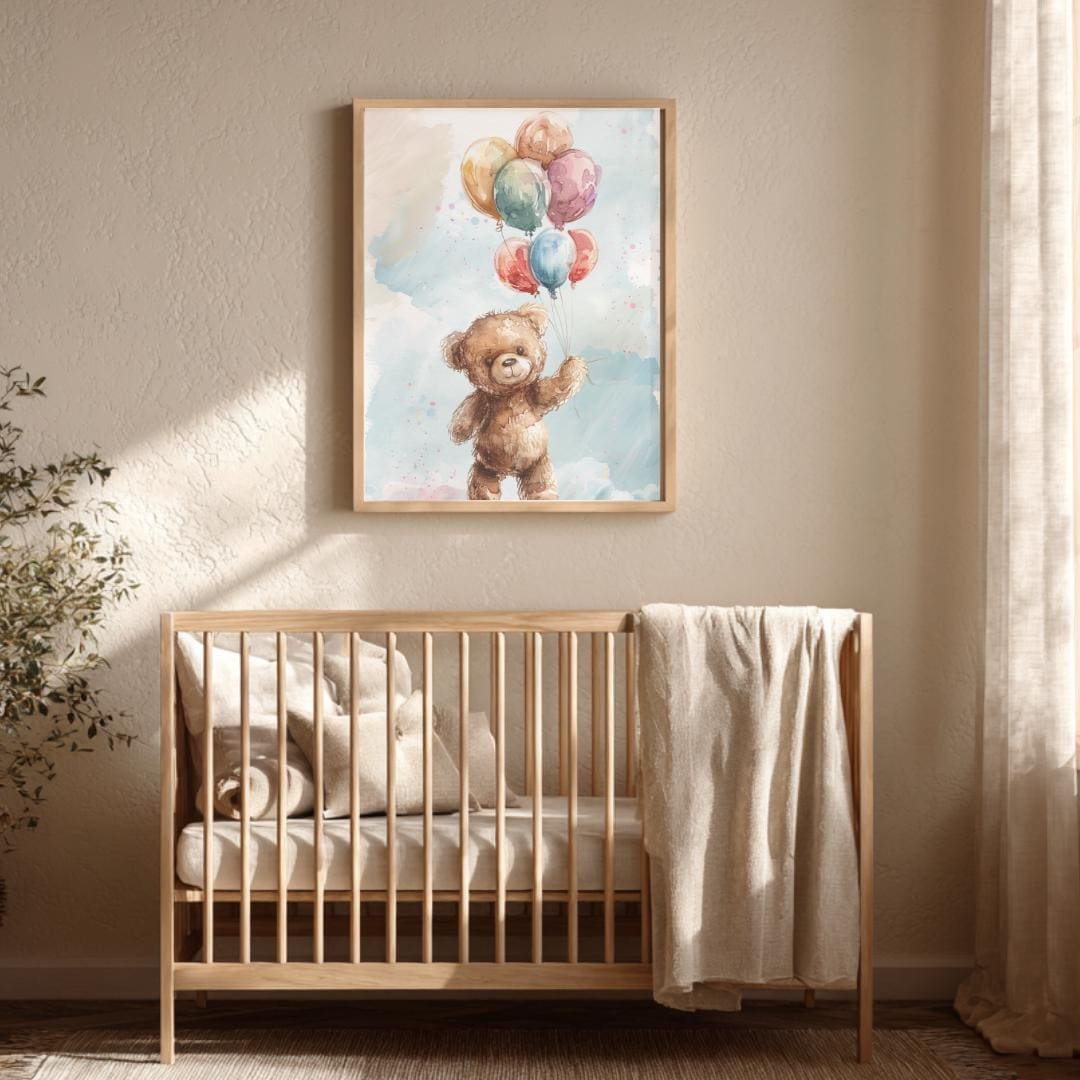 Teddy Bear Rainbow Colourful balloons Wall art | Whimsical Illustration | Playful Baby Room Poster | Nursery Decor |