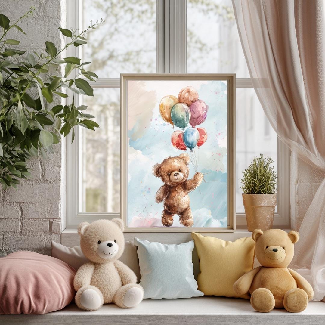 Teddy Bear Rainbow Colourful balloons Wall art | Whimsical Illustration | Playful Baby Room Poster | Nursery Decor |