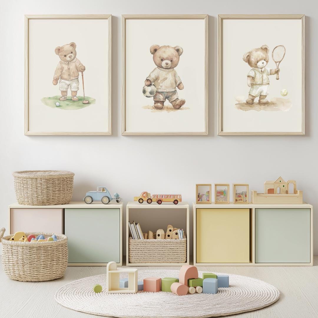 Sport nursery set of 3 | Vintage boy nursery | Boy nursery wall art sport | Teddy Bear Nursery | Golf | Football | Tennis