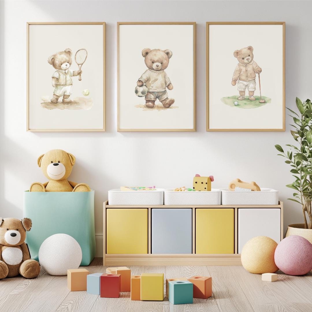 Sport nursery set of 3 | Vintage boy nursery | Boy nursery wall art sport | Teddy Bear Nursery | Golf | Football | Tennis