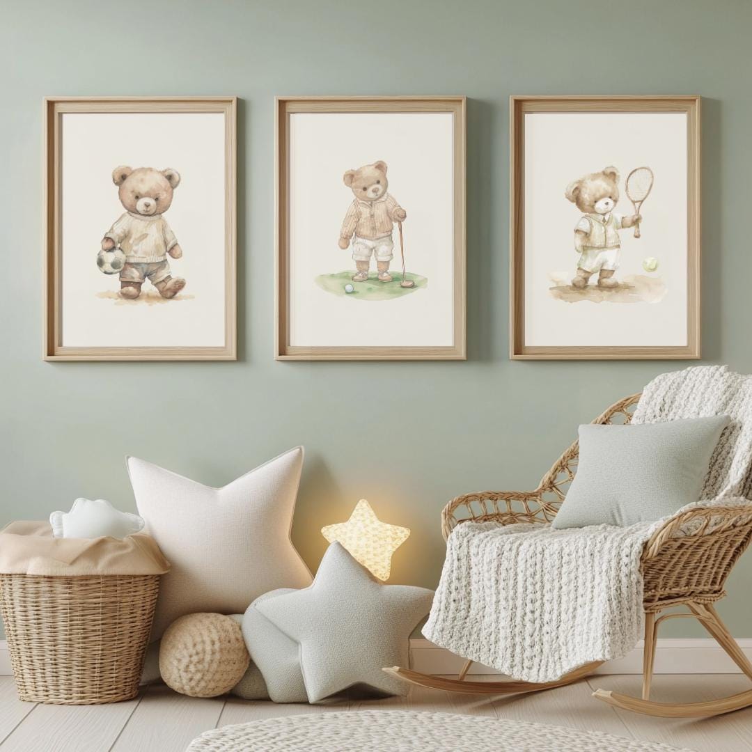Sport nursery set of 3 | Vintage boy nursery | Boy nursery wall art sport | Teddy Bear Nursery | Golf | Football | Tennis