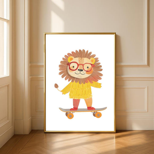 Retro Skateboarding Lion Wall Art | Yellow and Red | Kids Room | Playful Fun Cool Animal | Children’s Decor