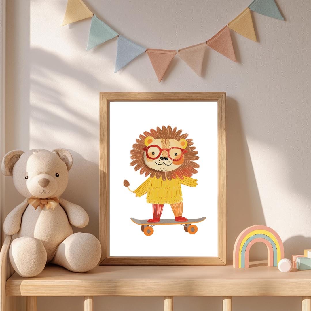 Retro Skateboarding Lion Wall Art | Yellow and Red | Kids Room | Playful Fun Cool Animal | Children’s Decor