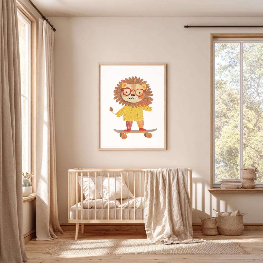 Retro Skateboarding Lion Wall Art | Yellow and Red | Kids Room | Playful Fun Cool Animal | Children’s Decor