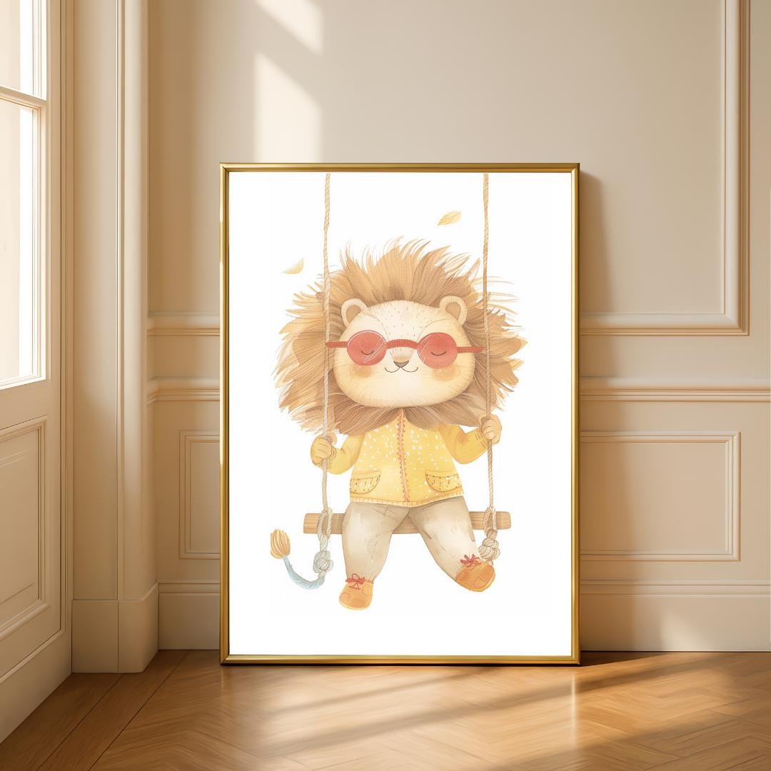 Retro Swing Lion Wall Art | Yellow and Red | Kids Room | Playful Fun Cool Animal | Children’s Decor