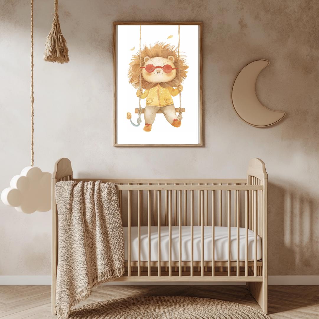 Retro Swing Lion Wall Art | Yellow and Red | Kids Room | Playful Fun Cool Animal | Children’s Decor