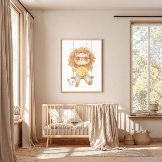 Retro Swing Lion Wall Art | Yellow and Red | Kids Room | Playful Fun Cool Animal | Children’s Decor