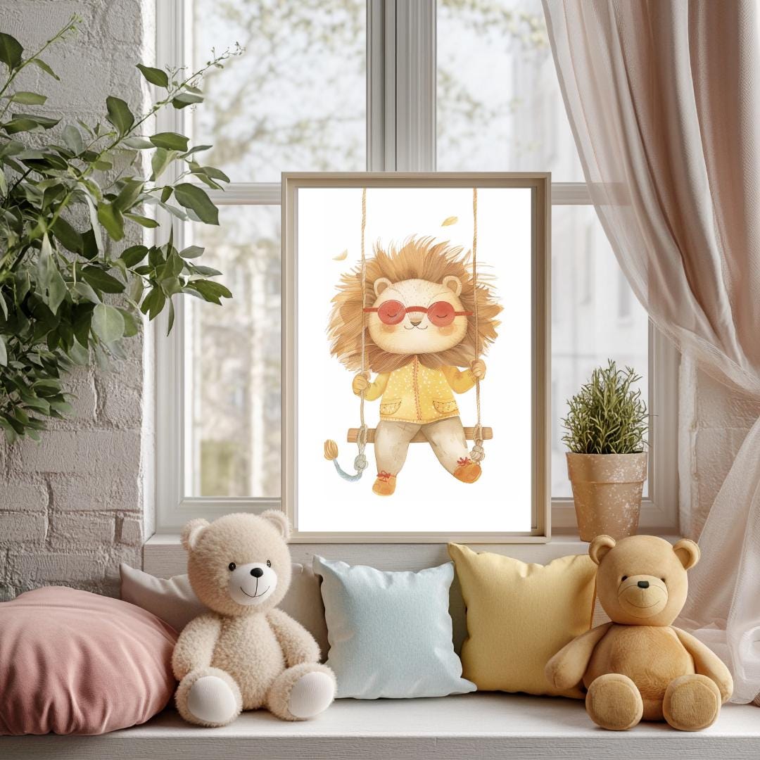 Retro Swing Lion Wall Art | Yellow and Red | Kids Room | Playful Fun Cool Animal | Children’s Decor