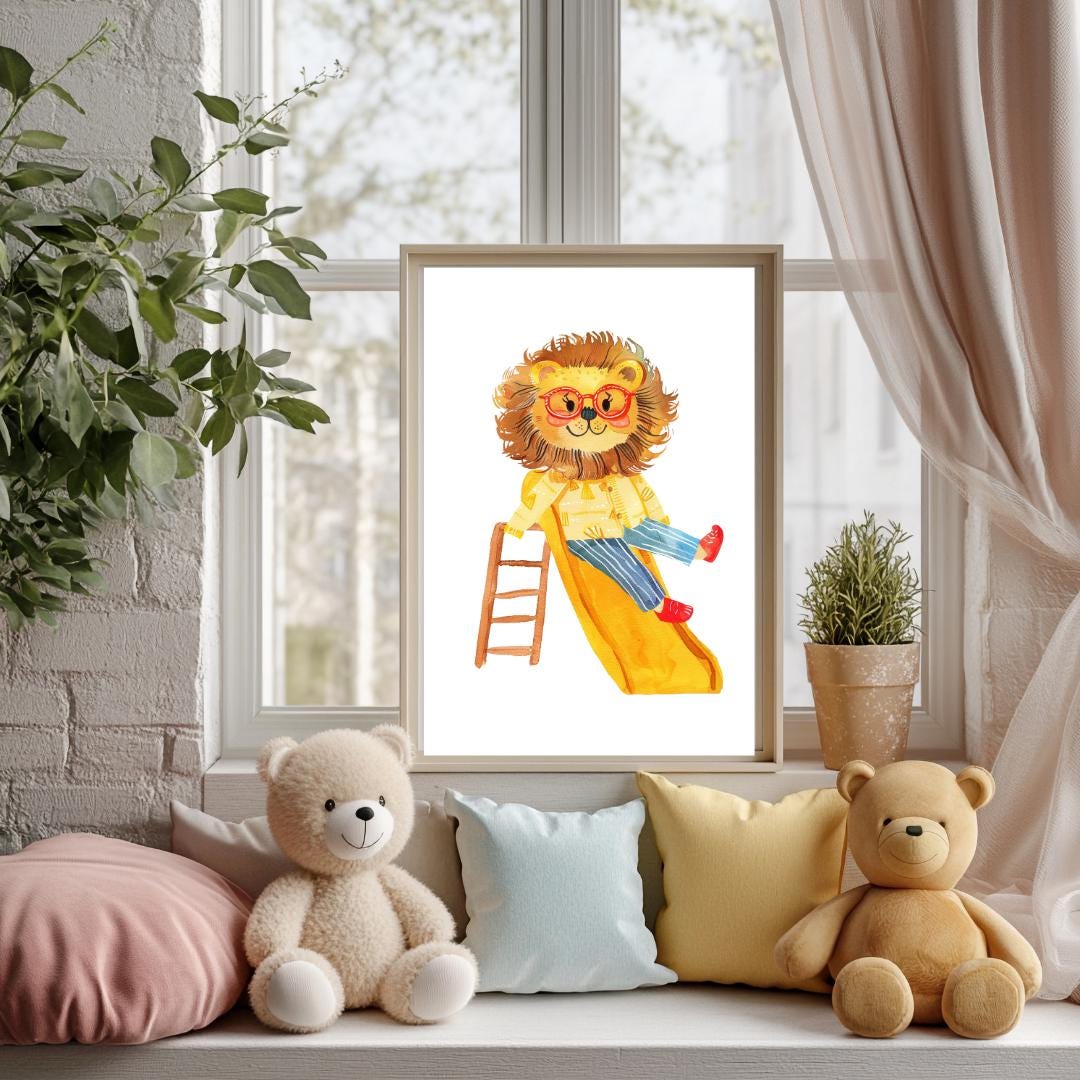 Retro Slide Lion Wall Art | Yellow and Red | Kids Room | Playful Fun Cool Animal | Children’s Decor