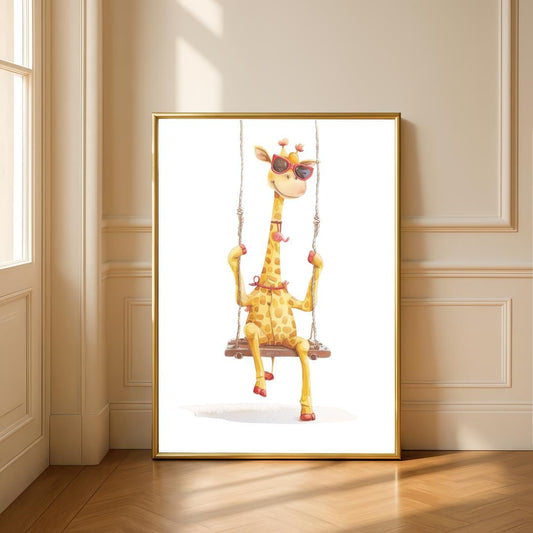 Retro Swing Giraffe Wall Art | Yellow and Red | Kids Room | Playful Fun Cool Animal | Children’s Decor