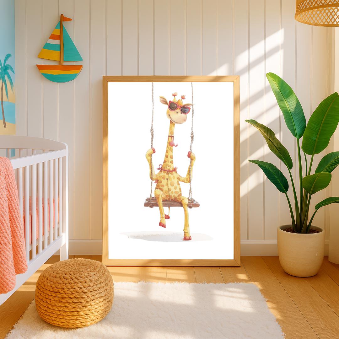 Retro Swing Giraffe Wall Art | Yellow and Red | Kids Room | Playful Fun Cool Animal | Children’s Decor