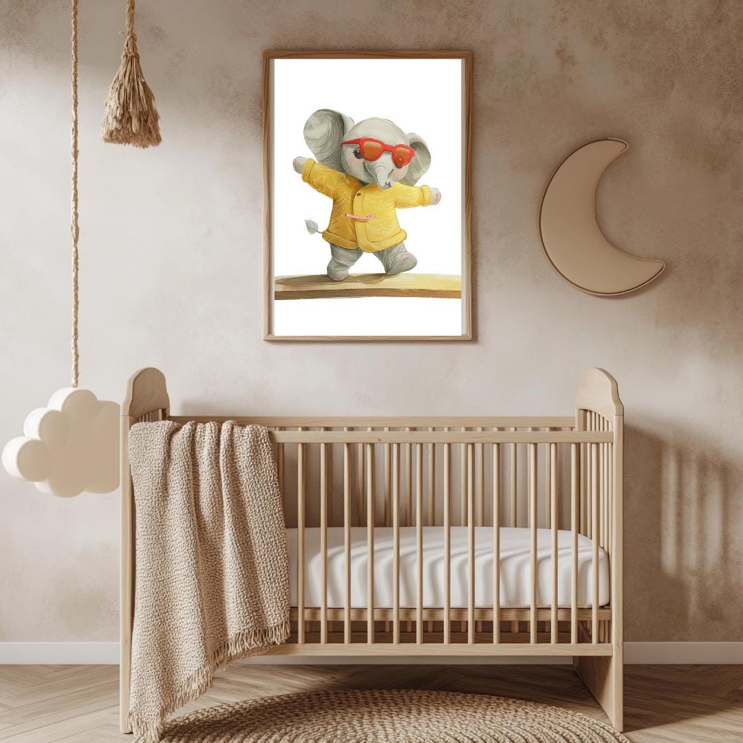 Retro Elephant Balance Beam Wall Art | Yellow and Red | Kids Room | Playful Fun Cool Animal | Children’s Decor