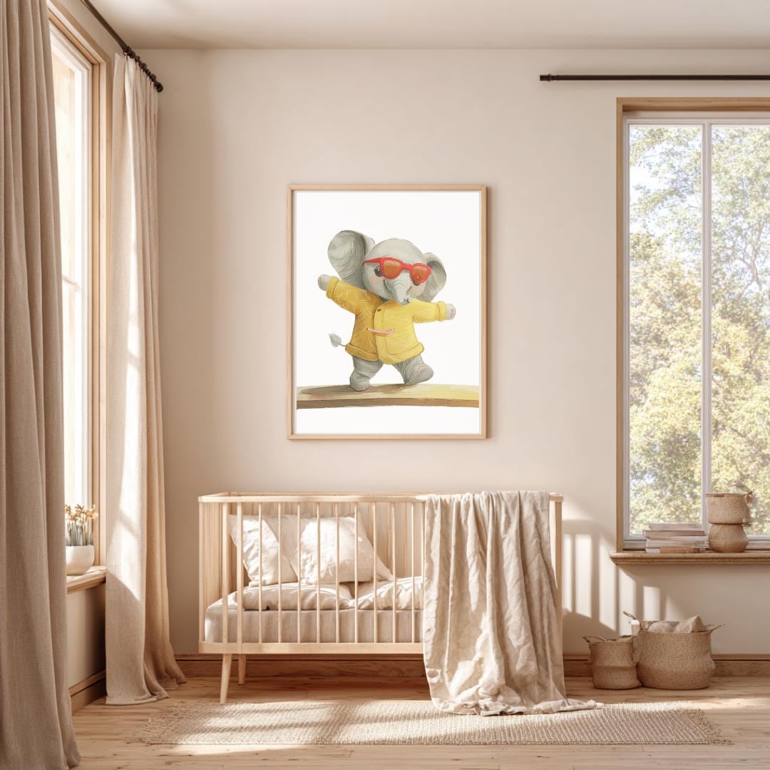 Retro Elephant Balance Beam Wall Art | Yellow and Red | Kids Room | Playful Fun Cool Animal | Children’s Decor