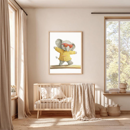 Retro Elephant Balance Beam Wall Art | Yellow and Red | Kids Room | Playful Fun Cool Animal | Children’s Decor
