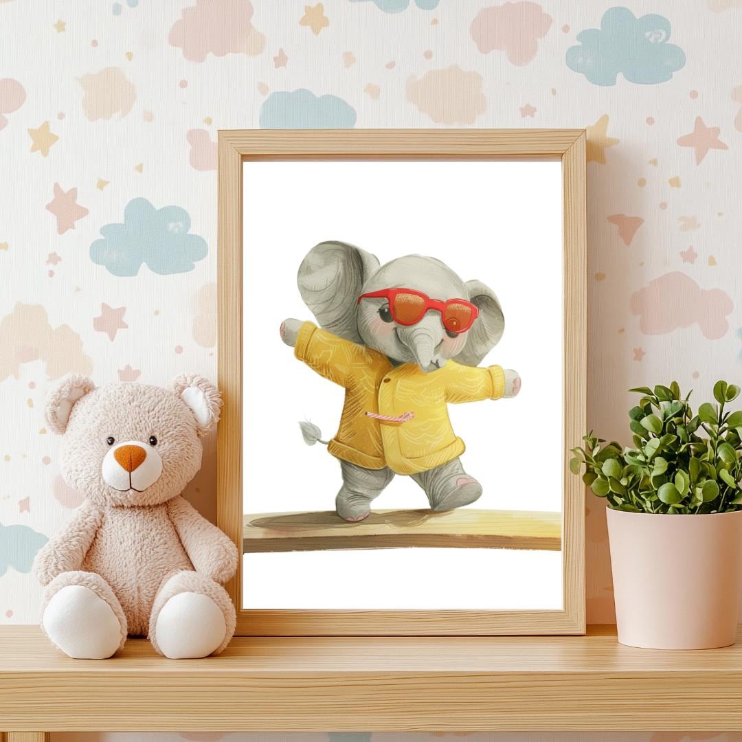 Retro Elephant Balance Beam Wall Art | Yellow and Red | Kids Room | Playful Fun Cool Animal | Children’s Decor