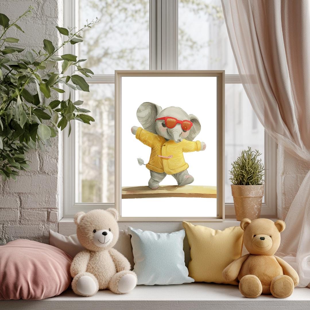 Retro Elephant Balance Beam Wall Art | Yellow and Red | Kids Room | Playful Fun Cool Animal | Children’s Decor