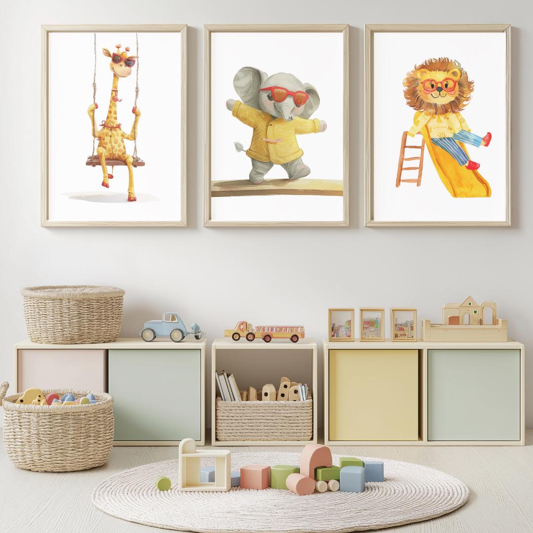Retro playground Animals Wall Art | Yellow and Red | Kids Room | Playful Fun Cool Animal | Children’s Decor