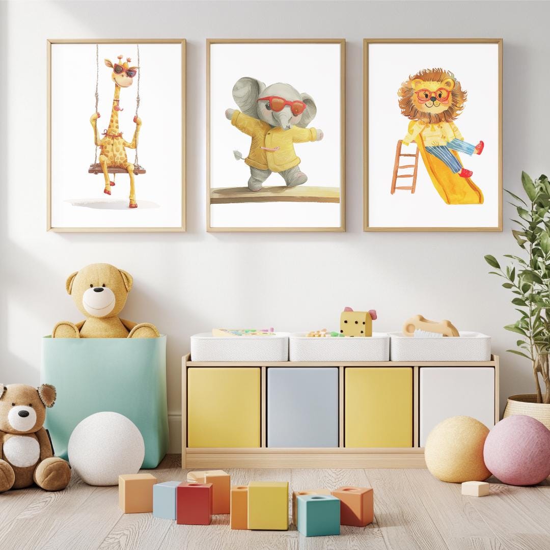 Retro playground Animals Wall Art | Yellow and Red | Kids Room | Playful Fun Cool Animal | Children’s Decor