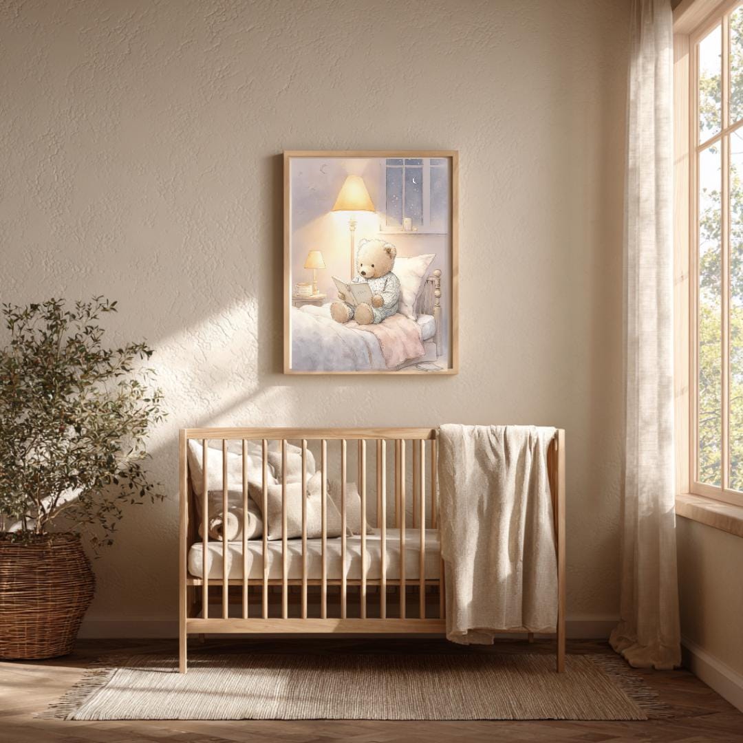 Teddy Bear Bedtime story Print | Whimsical Nursery Wall Art | Gender Neutral