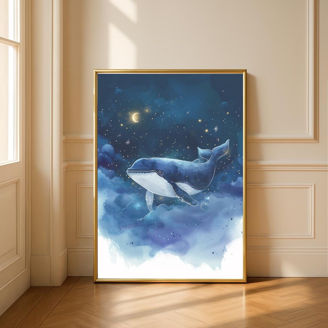 Whale in night sky print | Whimsical Illustration | Cute Kids Music Print | Playful Baby Room Poster | Animal Nursery Decor |