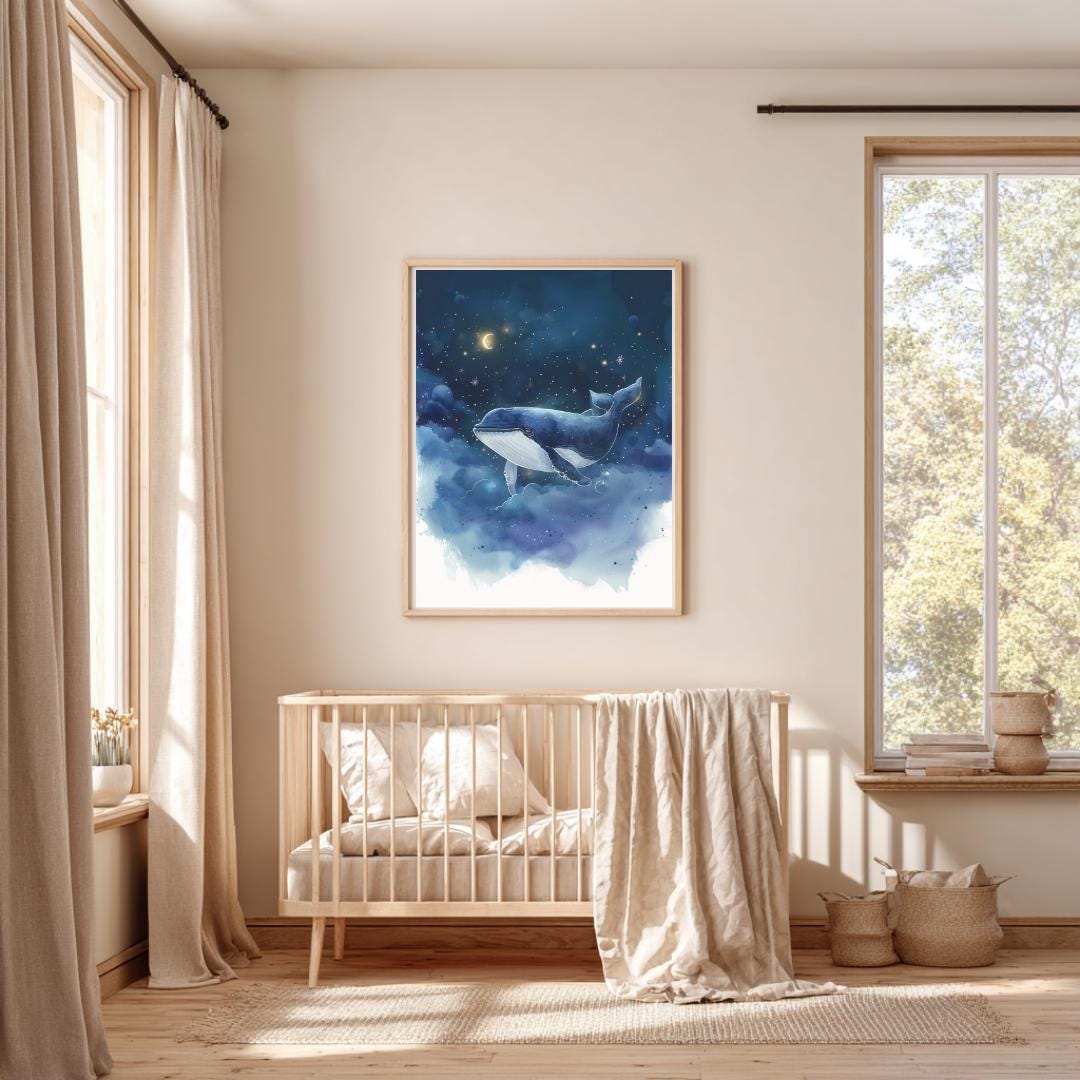 Whale in night sky print | Whimsical Illustration | Cute Kids Music Print | Playful Baby Room Poster | Animal Nursery Decor |