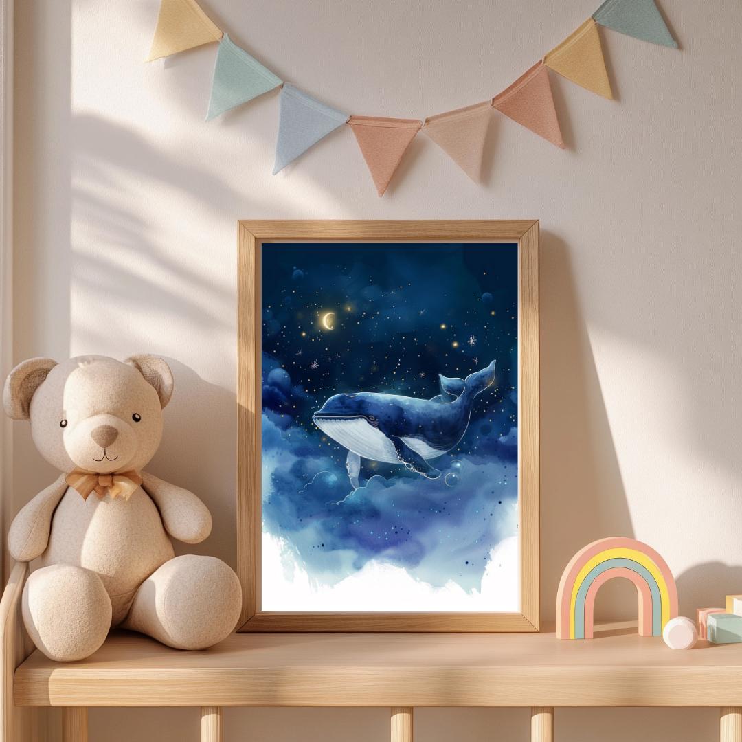 Whale in night sky print | Whimsical Illustration | Cute Kids Music Print | Playful Baby Room Poster | Animal Nursery Decor |