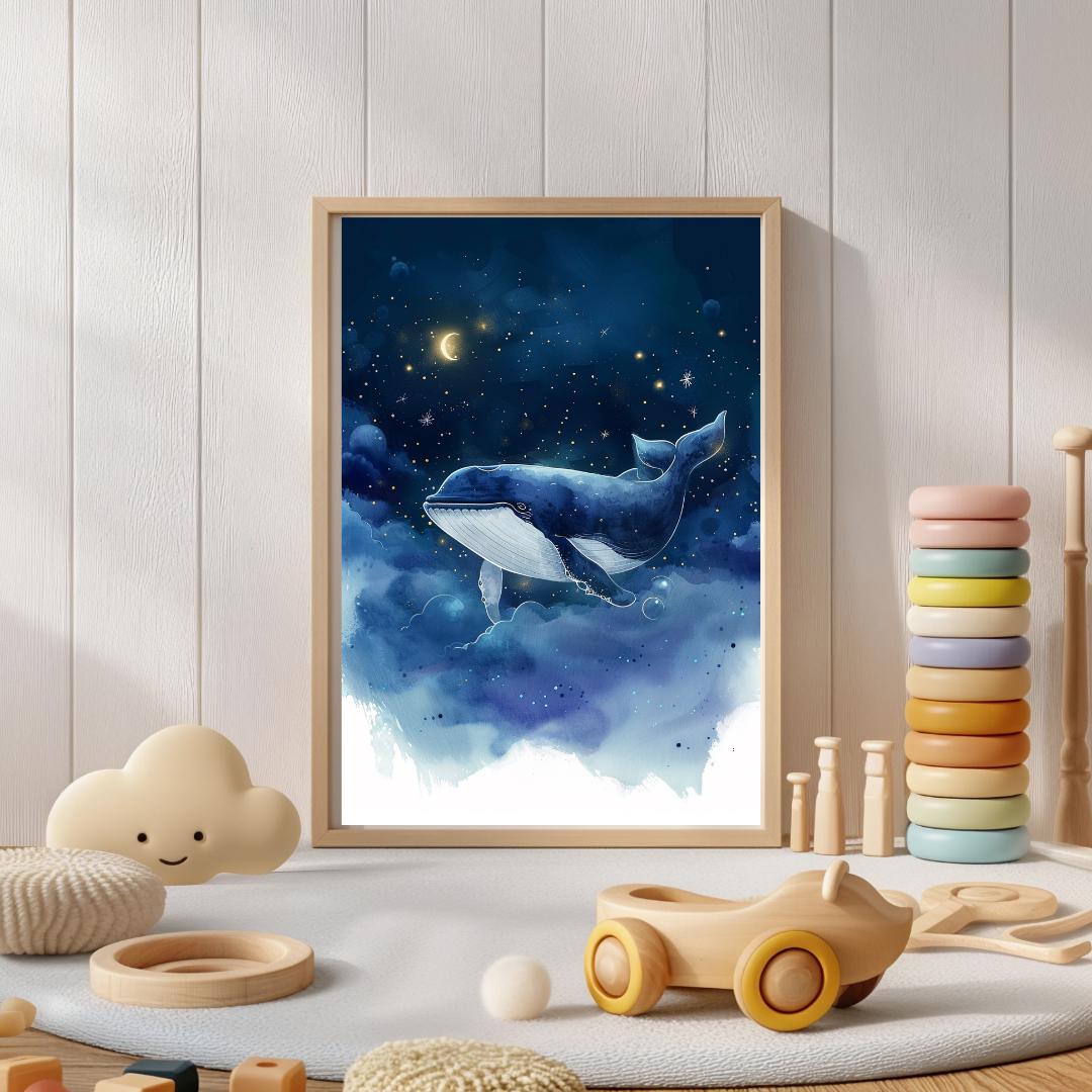 Whale in night sky print | Whimsical Illustration | Cute Kids Music Print | Playful Baby Room Poster | Animal Nursery Decor |