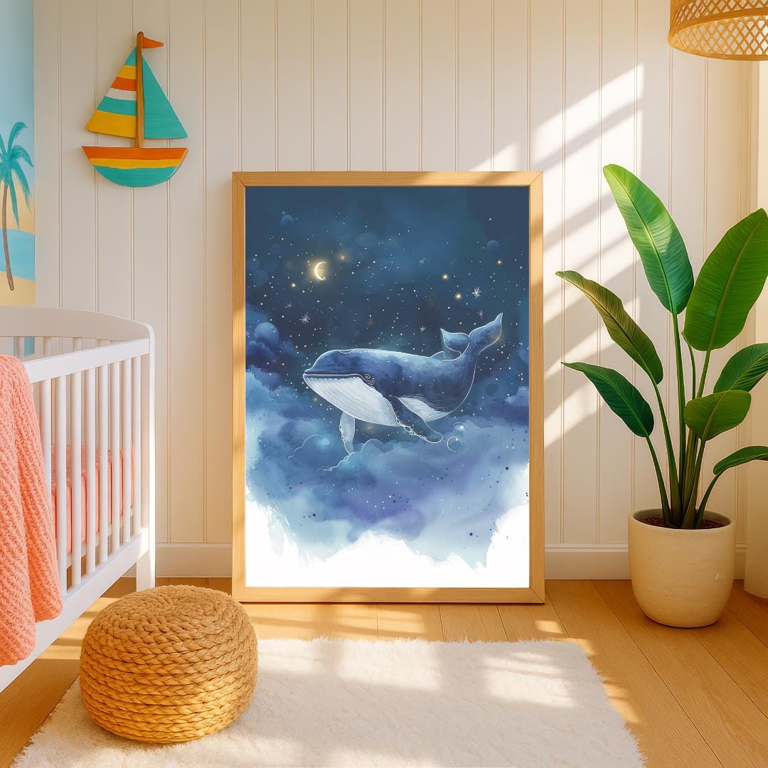 Whale in night sky print | Whimsical Illustration | Cute Kids Music Print | Playful Baby Room Poster | Animal Nursery Decor |