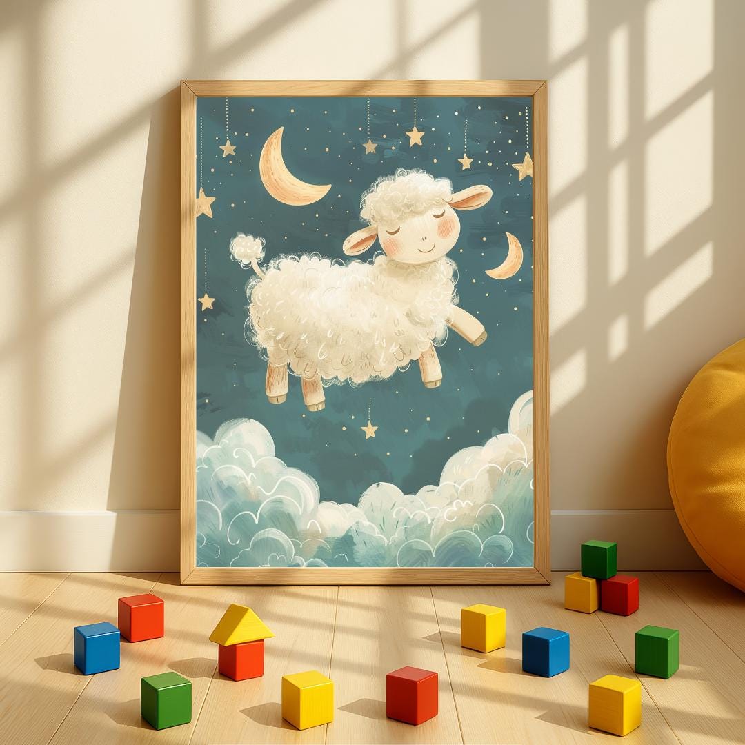 Sheep jumping over clouds print | Whimsical Illustration | Cute Kids Music Print | Playful Baby Room Poster | Animal Nursery Decor |