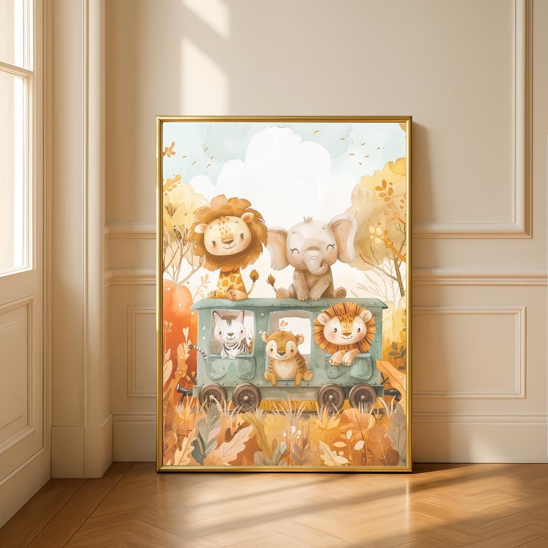 Safari animals riding a train print | Whimsical Illustration | Cute Kids Music Print | Playful Baby Room Poster | Animal Nursery Decor |