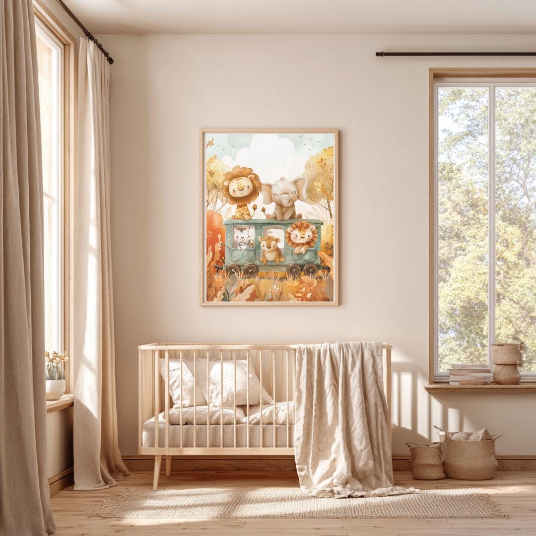 Safari animals riding a train print | Whimsical Illustration | Cute Kids Music Print | Playful Baby Room Poster | Animal Nursery Decor |